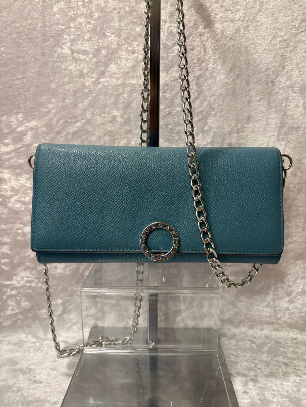 Bvlgari Silver Ring Textured Leather Continental Wallet Teal Burgundy COA